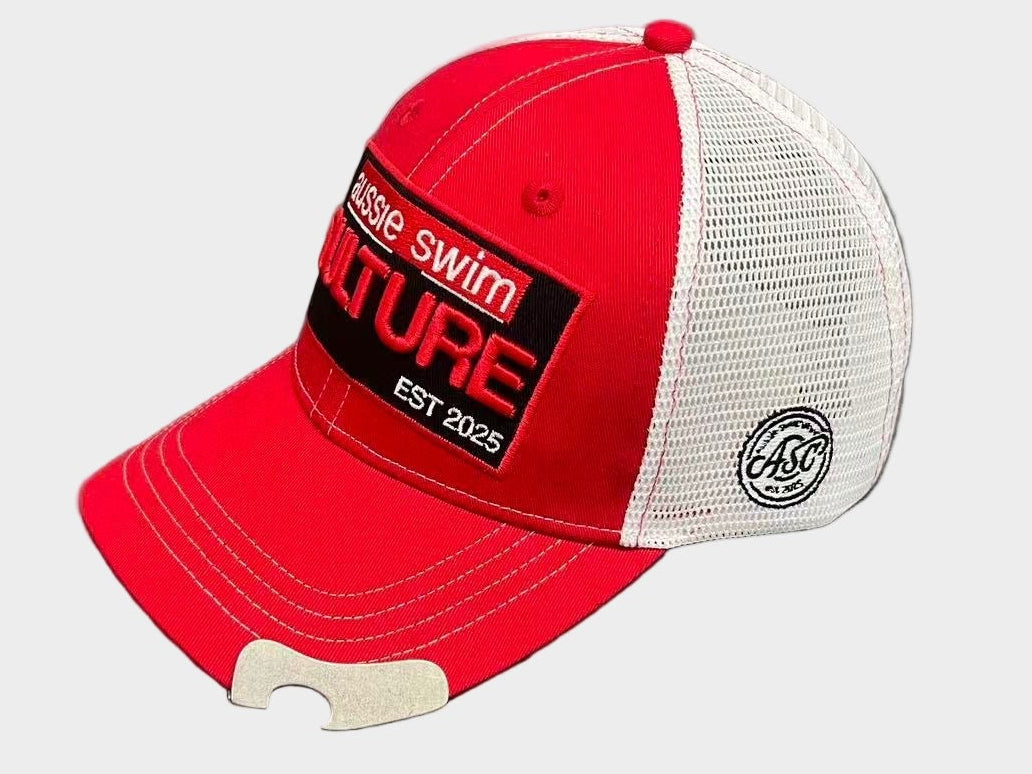 Red and white cap with branding on a white background