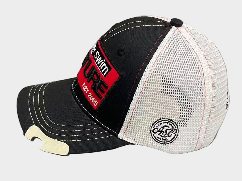 Black and white cap with red and white logo on a white background