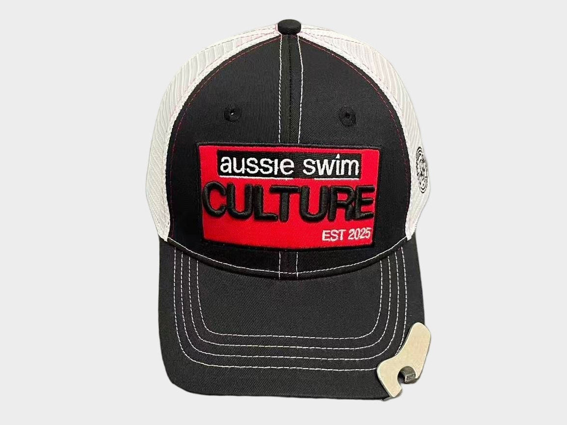 Black and white cap with a red and black 'aussie swim culture' logo on a white background