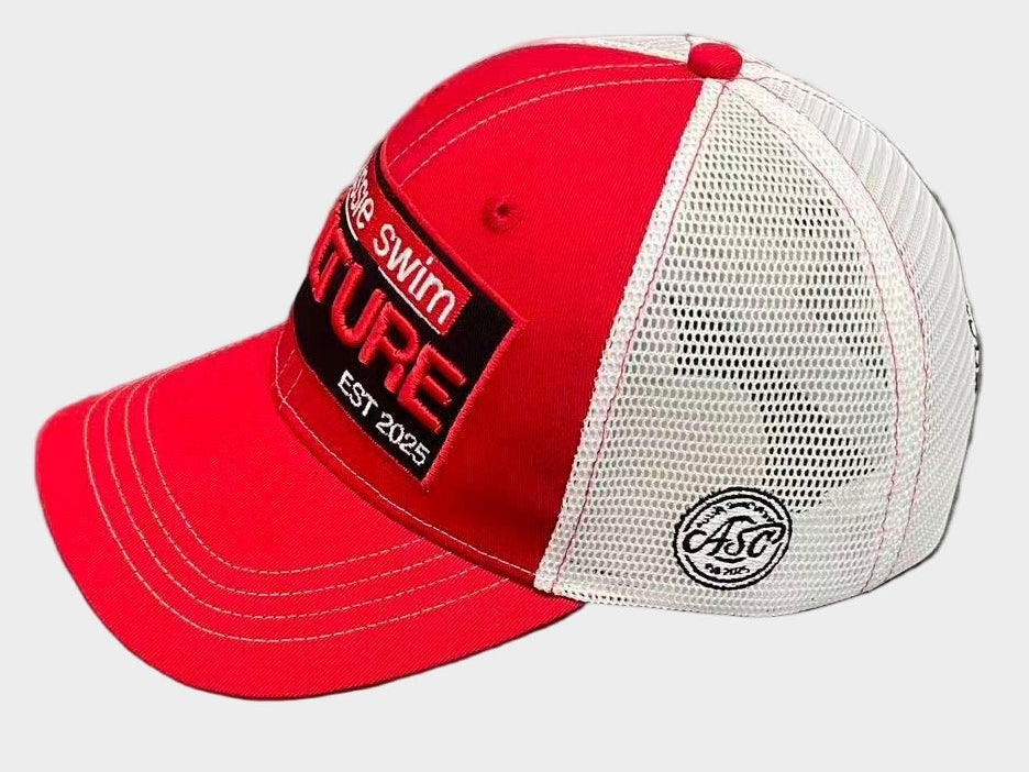 Red and white cap with mesh back on a white background