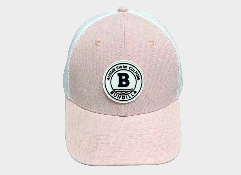 Pink and gray cap with a logo on a white background