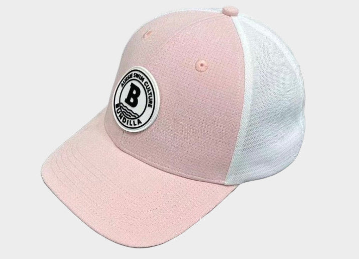 Pink and white cap with a logo on a white background