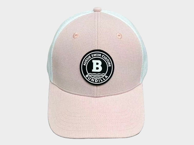 Pink cap with a black logo on a white background