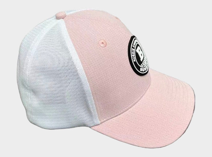 Pink and white cap with a logo on a white background