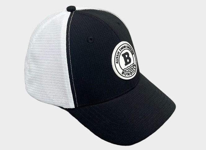 Black and white cap with a logo on a white background