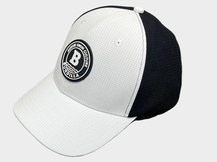 Black and white cap with a logo on a white background