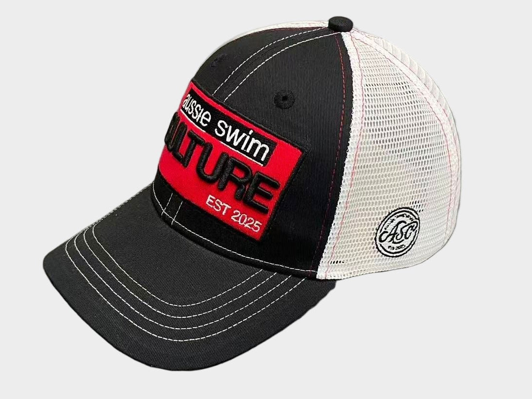 Black and white cap with a red and black logo on a white background